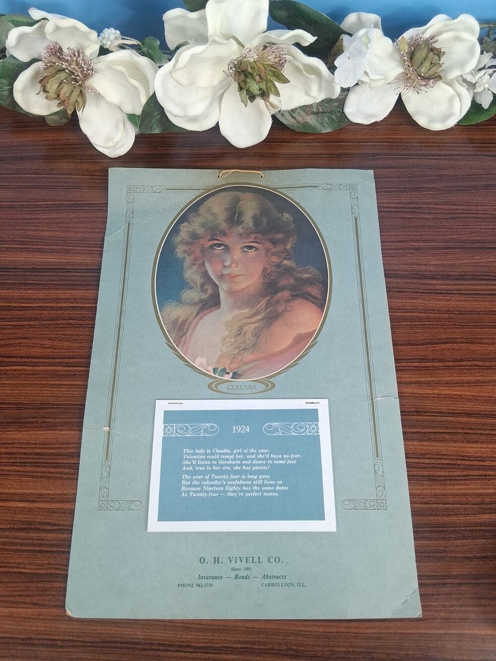 1924 Calendar Claudia O.H. Vivell Co. Antique Day Tracker Beautiful Victorian